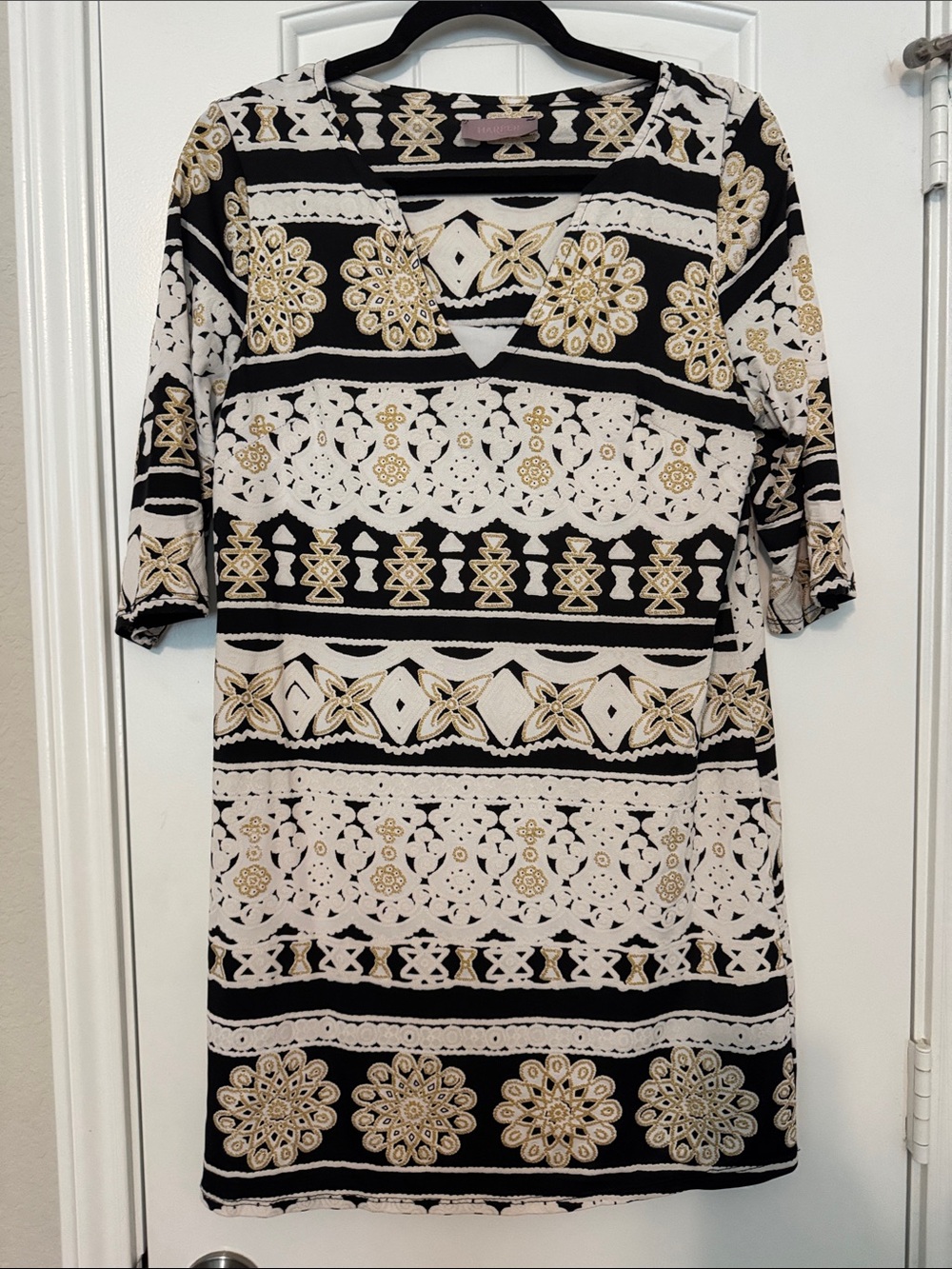 Harper Black, White & Gold Patterned V-Neck Dress